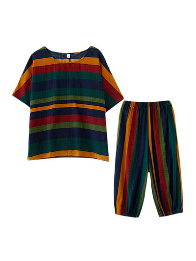 Pamučna lanena vintage prugasta ljetna ležerna dvodijelna labava majica kratkih rukava Ženske majice Femme 2023 Harem hlače Odijela