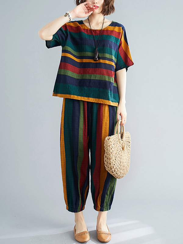 Pamučna lanena vintage prugasta ljetna ležerna dvodijelna labava majica kratkih rukava Ženske majice Femme 2023 Harem hlače Odijela