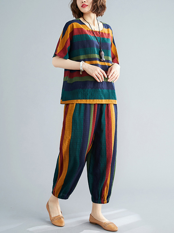 Pamučna lanena vintage prugasta ljetna ležerna dvodijelna labava majica kratkih rukava Ženske majice Femme 2023 Harem hlače Odijela