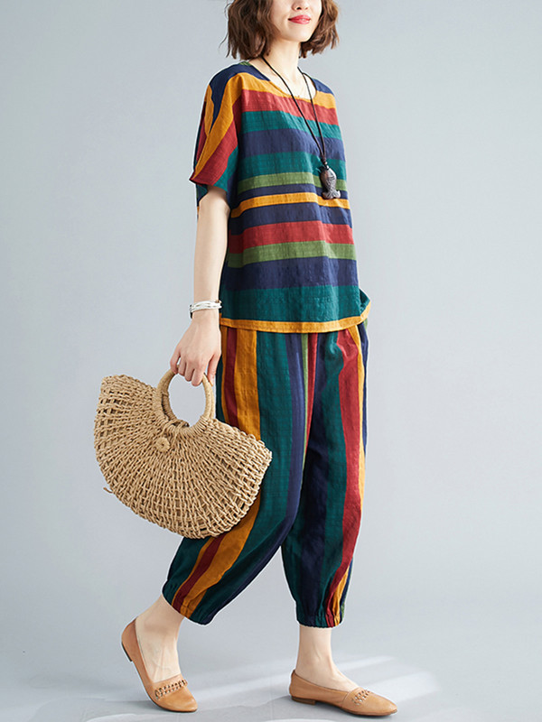 Pamučna lanena vintage prugasta ljetna ležerna dvodijelna labava majica kratkih rukava Ženske majice Femme 2023 Harem hlače Odijela