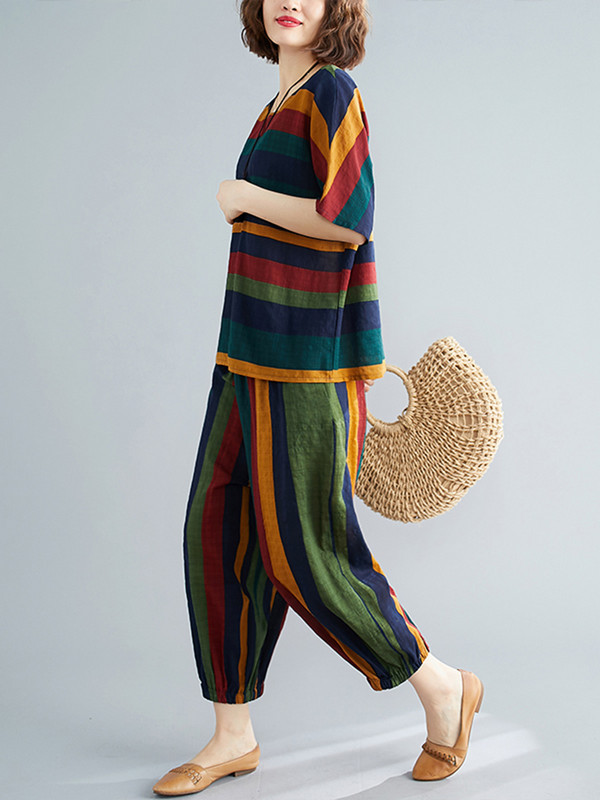 Pamučna lanena vintage prugasta ljetna ležerna dvodijelna labava majica kratkih rukava Ženske majice Femme 2023 Harem hlače Odijela