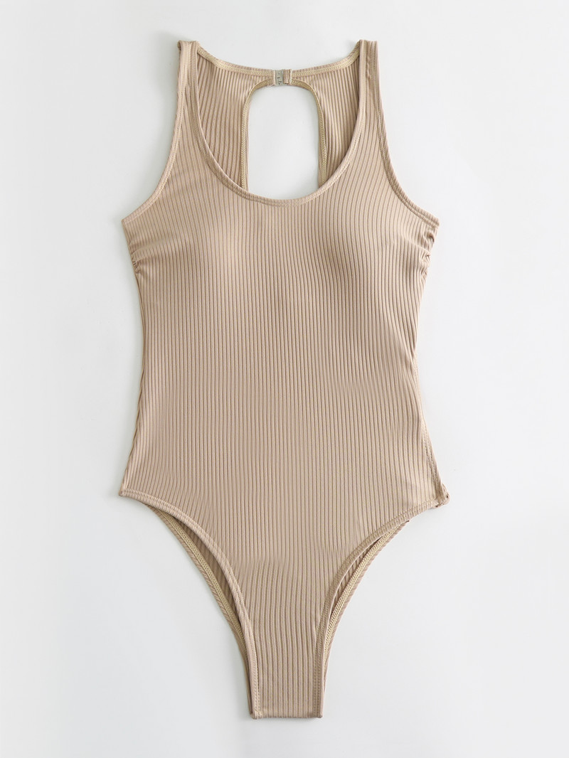 Seksi jednobojni kupaći kostim s rebrastim komadima 2023. Ženski kaki izdubljeni kupaći kostim s čipkom bez leđa Monokini za kontrolu trbuščića