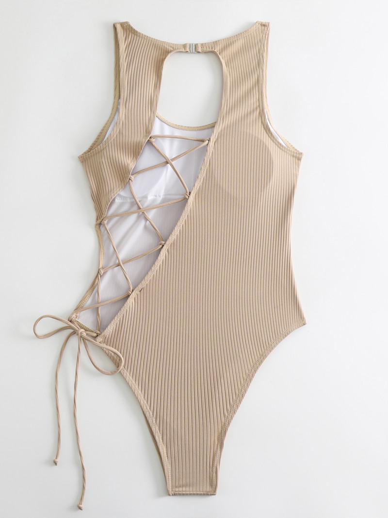 Seksi jednobojni kupaći kostim s rebrastim komadima 2023. Ženski kaki izdubljeni kupaći kostim s čipkom bez leđa Monokini za kontrolu trbuščića