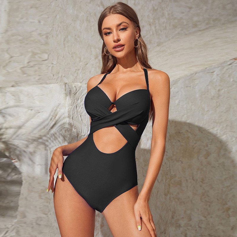 2023-as szexi fekete, kék kötőfékű női fürdőruha, üreges, tömör, hát nélküli egyrészes fürdőruha fürdőruha Tummuy Control bikinik