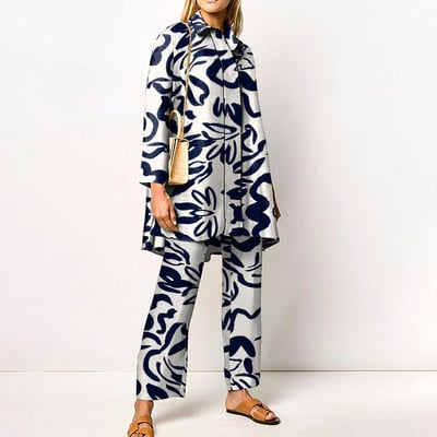 Jarné a jesenné dámske topy s golierom a potlačou, voľné nohavice, oblek s dlhým rukávom a širokými nohavicami, dámsky ležérny dvojdielny set