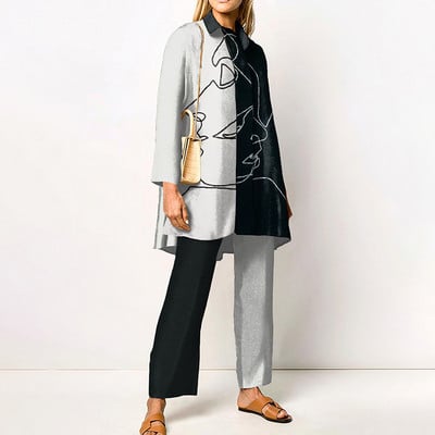 Jarné a jesenné dámske topy s golierom a potlačou, voľné nohavice, oblek s dlhým rukávom a širokými nohavicami, dámsky ležérny dvojdielny set