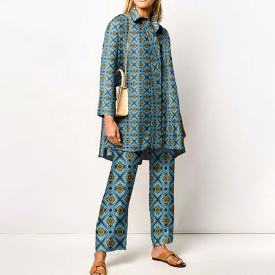 Jarné a jesenné dámske topy s golierom a potlačou, voľné nohavice, oblek s dlhým rukávom a širokými nohavicami, dámsky ležérny dvojdielny set