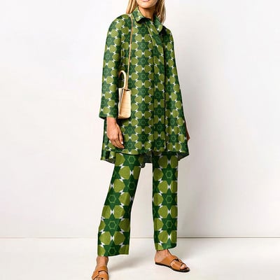 Jarné a jesenné dámske topy s golierom a potlačou, voľné nohavice, oblek s dlhým rukávom a širokými nohavicami, dámsky ležérny dvojdielny set