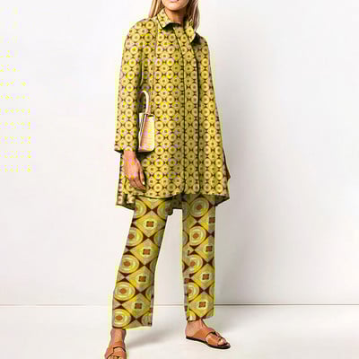 Jarné a jesenné dámske topy s golierom a potlačou, voľné nohavice, oblek s dlhým rukávom a širokými nohavicami, dámsky ležérny dvojdielny set