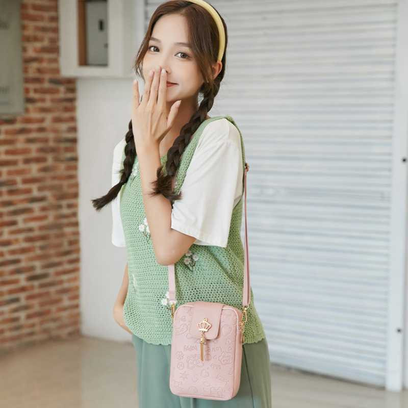Geantă pentru telefon mobil în relief de modă pentru femei, geantă de umăr, dulce, de culoare solidă