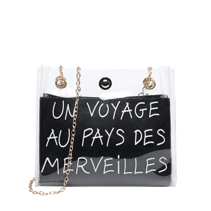 Modna ženska prozirna žele torba na rame s tiskanim slovima Messenger torbe Ženske ženske torbe preko ramena Ručne torbice s lancem za djevojke