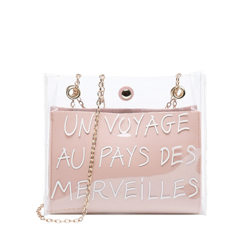 Modna ženska prozirna žele torba na rame s tiskanim slovima Messenger torbe Ženske ženske torbe preko ramena Ručne torbice s lancem za djevojke