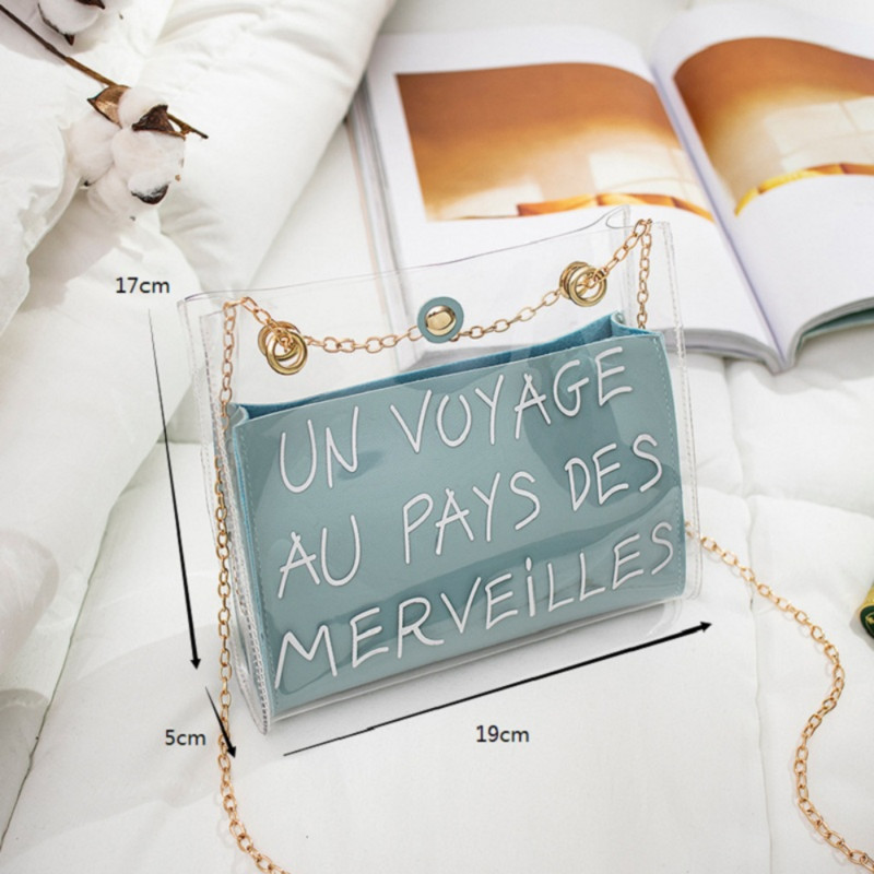 Modna ženska prozirna žele torba na rame s tiskanim slovima Messenger torbe Ženske ženske torbe preko ramena Ručne torbice s lancem za djevojke