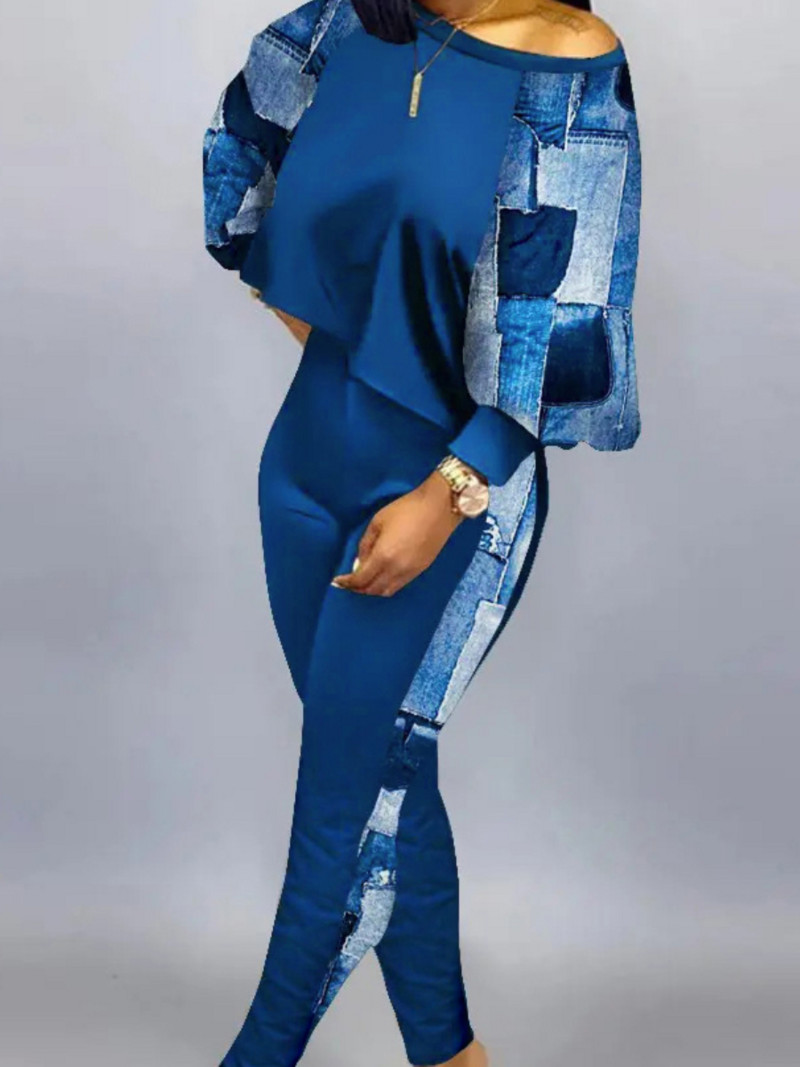 Costum de damă LW Set din două piese pentru femei, cu mâneci lanternă, crop top, patchwork, pantaloni, set 2023, set de pantaloni la modă, costum de damă