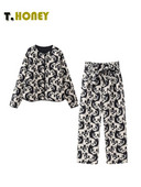 TELLHONEY Ținute la modă pentru femei, cu decolteu în formă de O, cu un singur piept, cu fermoar în față, pantaloni largi, cu dantelă, cu imprimeu casual Set două piese