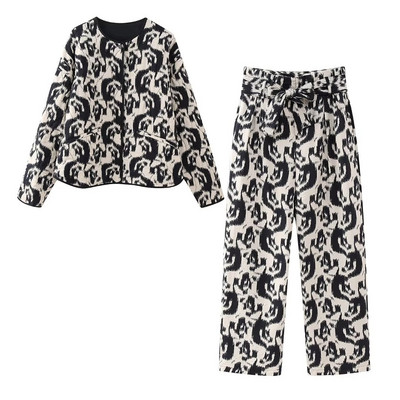 TELLHONEY Ținute la modă pentru femei, cu decolteu în formă de O, cu un singur piept, cu fermoar în față, pantaloni largi, cu dantelă, cu imprimeu casual Set două piese
