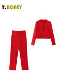 TELLHONEY naiste mood, V-kaelusega pikkade varrukatega komplektid, taskutega ees tõmblukk, püksid, vabaaja, punane kaheosaline komplekt