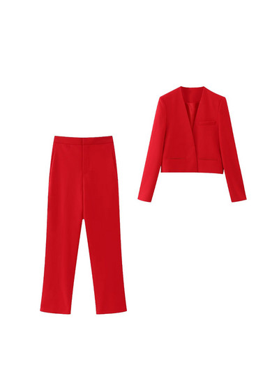 TELLHONEY naiste mood, V-kaelusega pikkade varrukatega komplektid, taskutega ees tõmblukk, püksid, vabaaja, punane kaheosaline komplekt