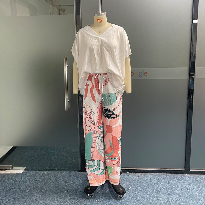 Wefads dvodijelni set Ljetni ležerni jednobojni V izrez s šišmiš rukavima Opušteni gornji dio Širokih nogavica Kompleti hlača rastezljivog struka s printom Ulična odjeća