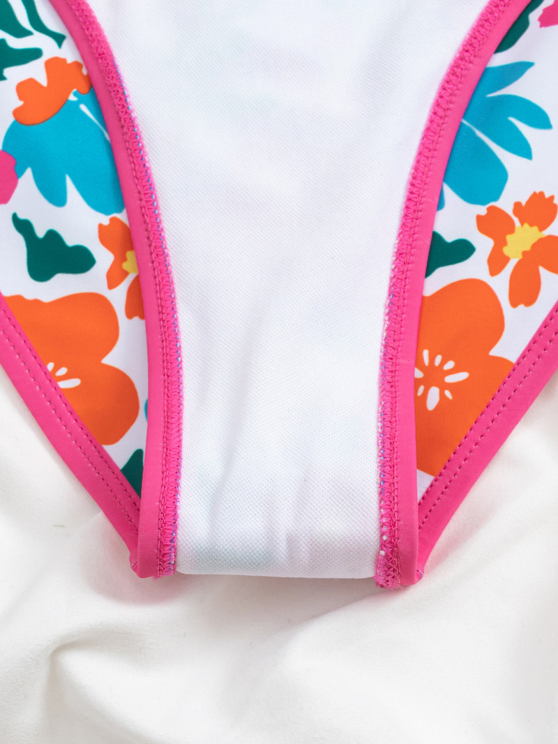 Vintage ružové kvetinové plavky 2023 Dámske plavky s uviazaným ramienkom, výstrihom do V a otvoreným chrbtom, jednodielne plavky s korekciou bruška