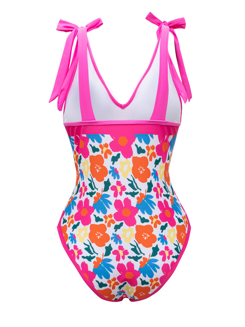 Vintage ružové kvetinové plavky 2023 Dámske plavky s uviazaným ramienkom, výstrihom do V a otvoreným chrbtom, jednodielne plavky s korekciou bruška