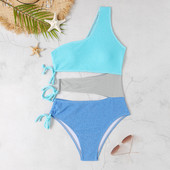 Seksikas ühe õlaga 2023. aasta naiste ujumistrikoo, taevasinine, õõnsate pitsidega, ühes tükis ujumisriided, ujumiskostüümid pühade monokini