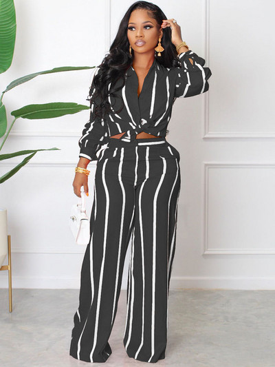 Elegantni modni prugasti dvodijelni set za žene Majica dugih rukava i hlače širokih nogavica Odijela Odijela za uredske dame Odgovarajući kompleti