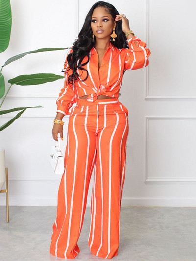 Elegantni modni prugasti dvodijelni set za žene Majica dugih rukava i hlače širokih nogavica Odijela Odijela za uredske dame Odgovarajući kompleti