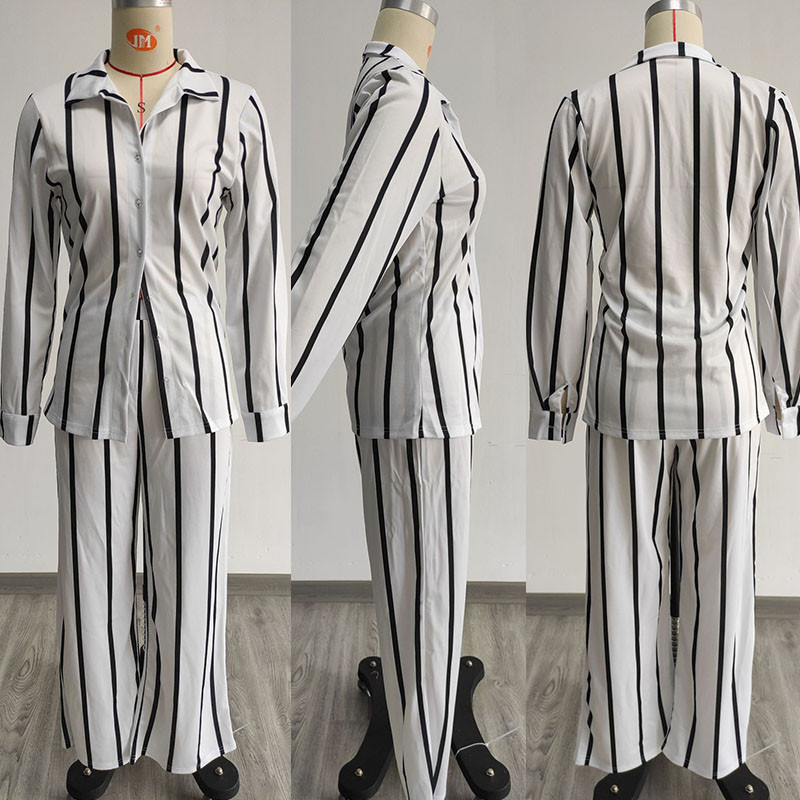 Elegantni modni prugasti dvodijelni set za žene Majica dugih rukava i hlače širokih nogavica Odijela Odijela za uredske dame Odgovarajući kompleti