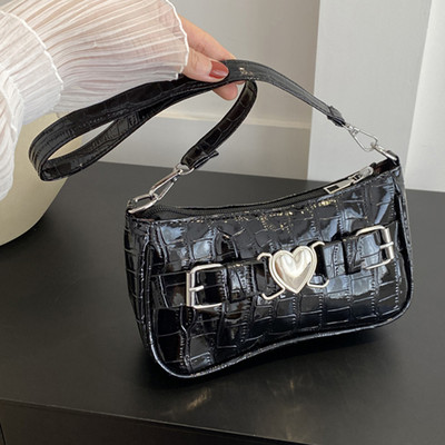 Dámske kožené kabelky s aligátorským vzorom, kabelka Y2k, hobos taška z PU srdiečkového zipsového zipsu, módna jednofarebná dámska taška