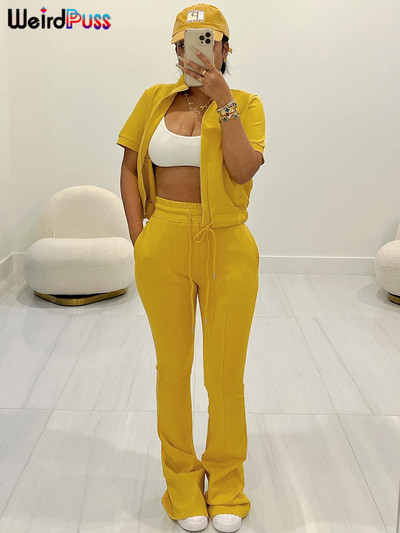 Dámska tepláková súprava Weird Puss, dvojdielna súprava, ležérny zips, pevný, s krátkym rukávom a pásom, top + zvonové nohavice, zodpovedajúce streetwear outfity