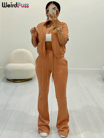 Dámska tepláková súprava Weird Puss, dvojdielna súprava, ležérny zips, pevný, s krátkym rukávom a pásom, top + zvonové nohavice, zodpovedajúce streetwear outfity