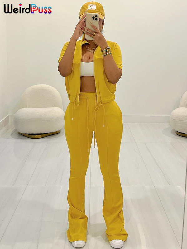 Dámska tepláková súprava Weird Puss, dvojdielna súprava, ležérny zips, pevný, s krátkym rukávom a pásom, top + zvonové nohavice, zodpovedajúce streetwear outfity