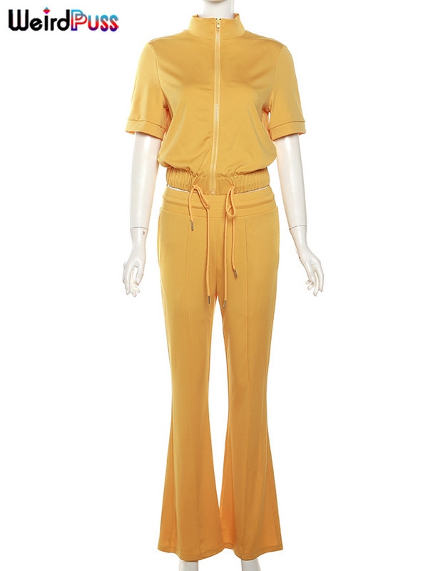 Dámska tepláková súprava Weird Puss, dvojdielna súprava, ležérny zips, pevný, s krátkym rukávom a pásom, top + zvonové nohavice, zodpovedajúce streetwear outfity