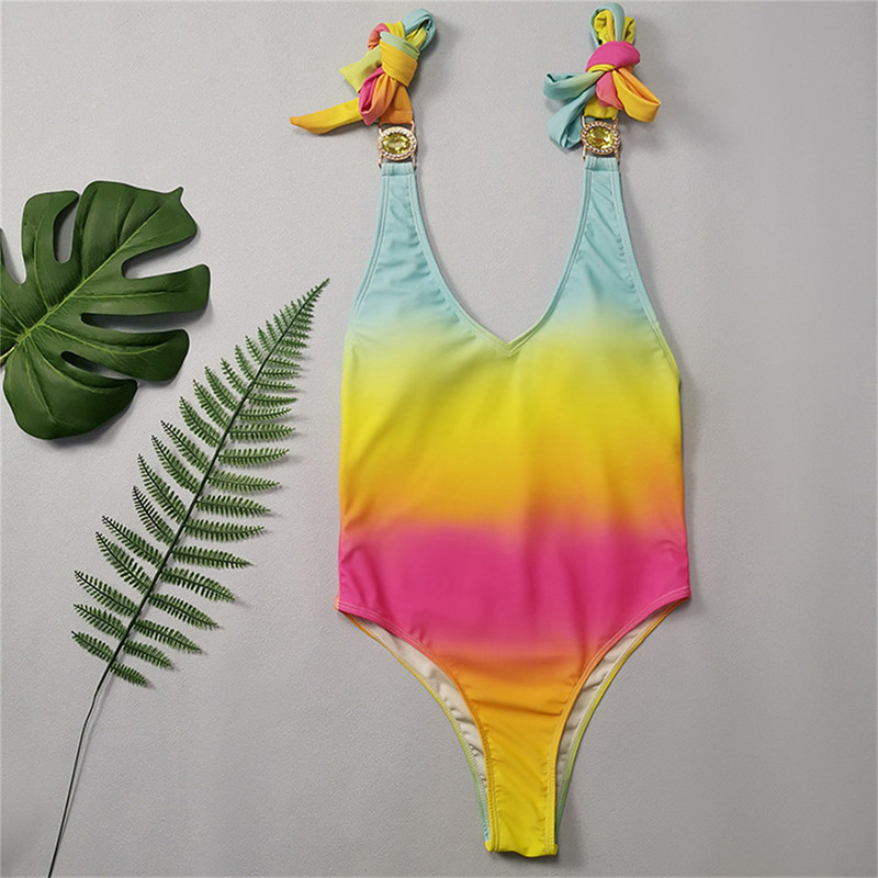 Bikini de lux cu strasuri 2023 pentru femei, nou galben degradat, fără spate, costum de baie dintr-o bucată pentru plajă, cu centură, costum de baie, costum de baie