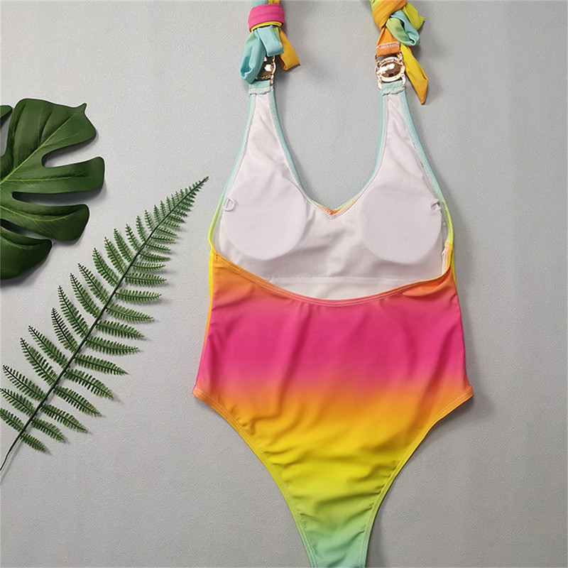 Bikini de lux cu strasuri 2023 pentru femei, nou galben degradat, fără spate, costum de baie dintr-o bucată pentru plajă, cu centură, costum de baie, costum de baie