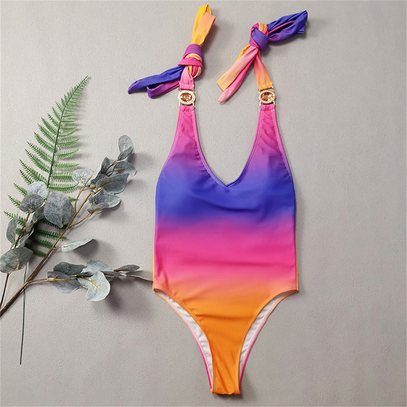 Bikini de lux cu strasuri 2023 pentru femei, nou galben degradat, fără spate, costum de baie dintr-o bucată pentru plajă, cu centură, costum de baie, costum de baie