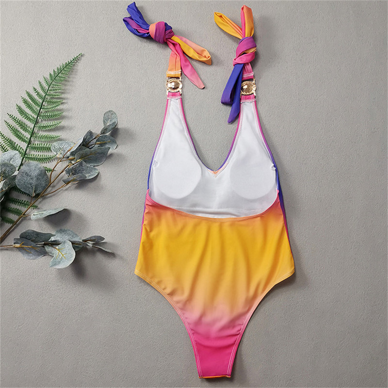 Bikini de lux cu strasuri 2023 pentru femei, nou galben degradat, fără spate, costum de baie dintr-o bucată pentru plajă, cu centură, costum de baie, costum de baie