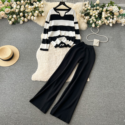 Γυναικεία πουλόβερ Κοστούμια Πουλόβερ Σετ Παντελόνι Φθινοπωρινό Χειμώνα Πλεκτά Casual Χαλαρά Μακρυμάνικα Elegance Ριγέ Μπλουζάκια Νεανικά