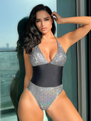 Costum de baie cu sclipici negru strălucitor 2024 pentru femei, cu decolteu în V adânc, cu control pe burtă, costume de baie dintr-o bucată