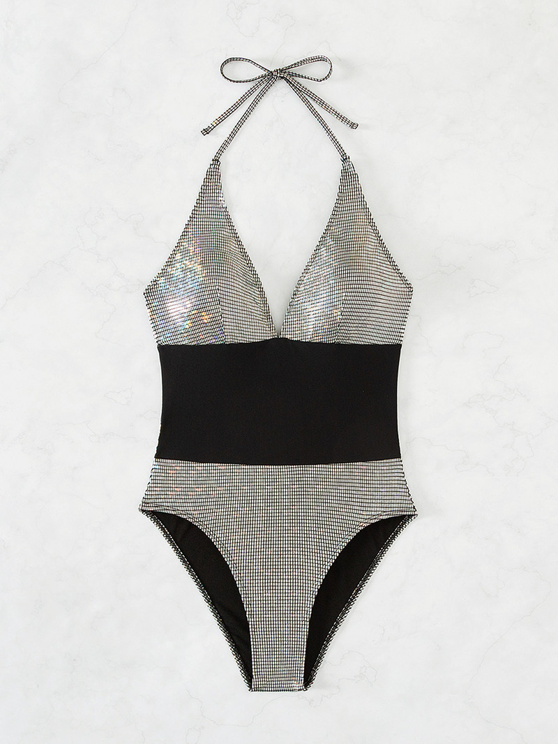 Läikiv sädelev must sädelev liibuv ujumistrikoo 2024 naiste sügava V-kaelusega Push Up Tummy Control ühes tükis ujumisriided ujumiskostüümid