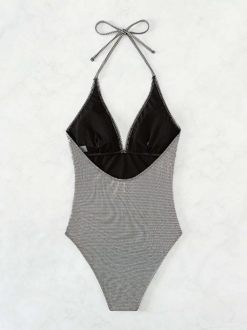 Läikiv sädelev must sädelev liibuv ujumistrikoo 2024 naiste sügava V-kaelusega Push Up Tummy Control ühes tükis ujumisriided ujumiskostüümid