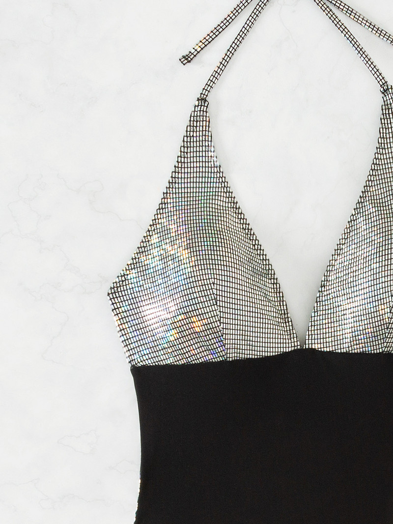 Läikiv sädelev must sädelev liibuv ujumistrikoo 2024 naiste sügava V-kaelusega Push Up Tummy Control ühes tükis ujumisriided ujumiskostüümid