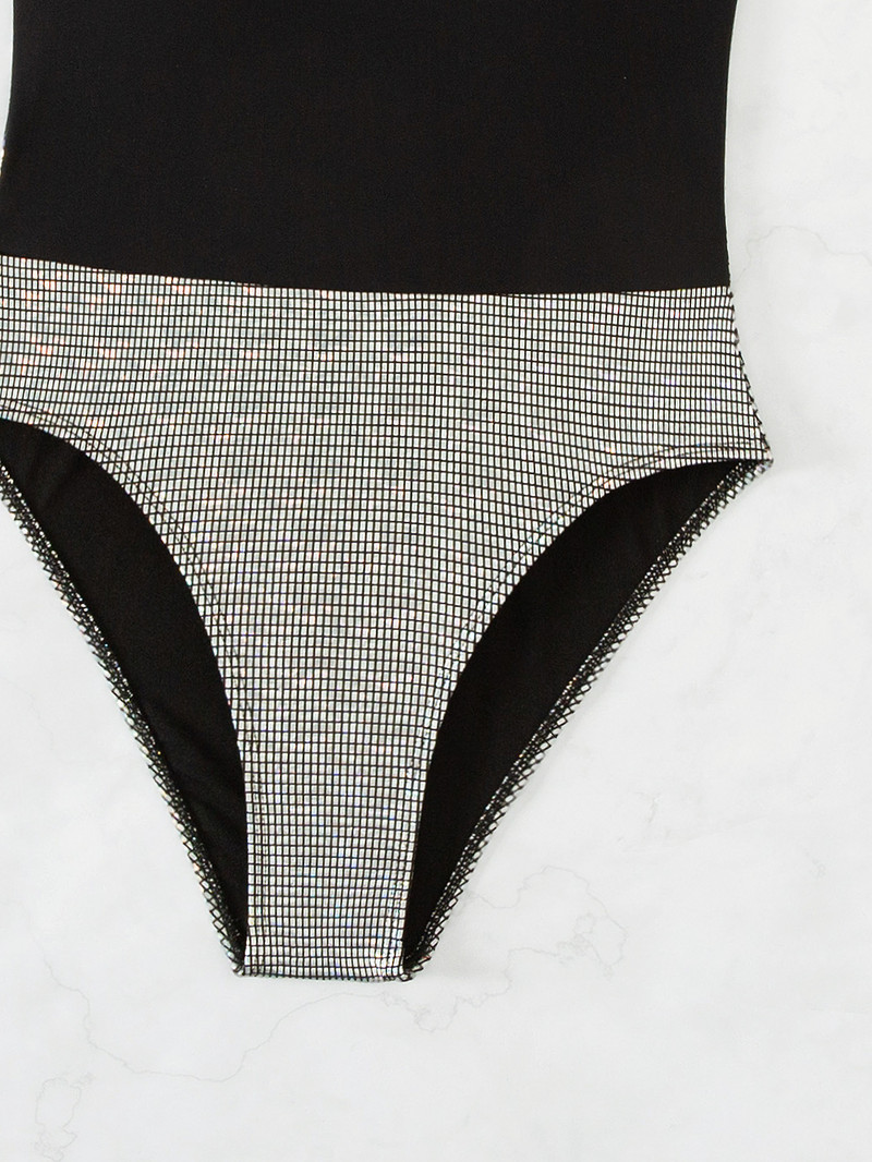 Läikiv sädelev must sädelev liibuv ujumistrikoo 2024 naiste sügava V-kaelusega Push Up Tummy Control ühes tükis ujumisriided ujumiskostüümid