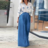 Odjevne kombinacije košulja dugih rukava u OL stilu Ženska bluza s ovratnikom i gornji dio hlača sa širokim nogavicama Kompleti proljeće jesen Odijelo s printom stabla