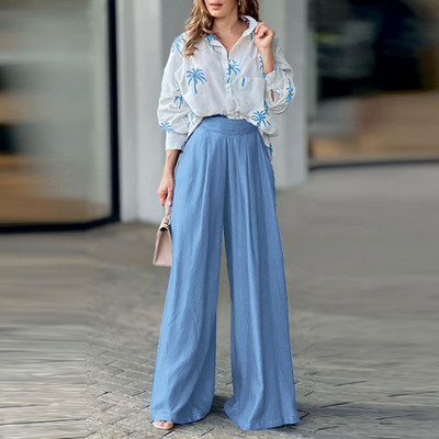 Odjevne kombinacije košulja dugih rukava u OL stilu Ženska bluza s ovratnikom i gornji dio hlača sa širokim nogavicama Kompleti proljeće jesen Odijelo s printom stabla