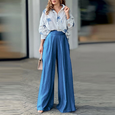 Odjevne kombinacije košulja dugih rukava u OL stilu Ženska bluza s ovratnikom i gornji dio hlača sa širokim nogavicama Kompleti proljeće jesen Odijelo s printom stabla