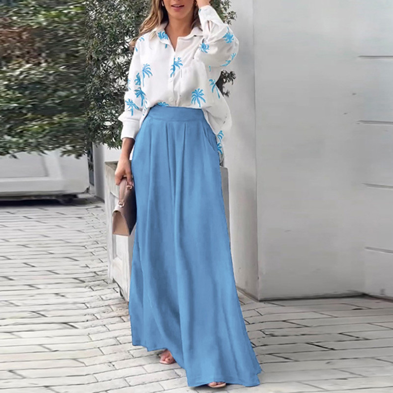 Odjevne kombinacije košulja dugih rukava u OL stilu Ženska bluza s ovratnikom i gornji dio hlača sa širokim nogavicama Kompleti proljeće jesen Odijelo s printom stabla