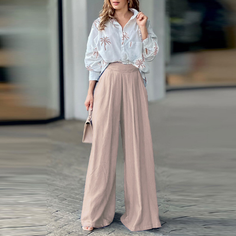 Odjevne kombinacije košulja dugih rukava u OL stilu Ženska bluza s ovratnikom i gornji dio hlača sa širokim nogavicama Kompleti proljeće jesen Odijelo s printom stabla