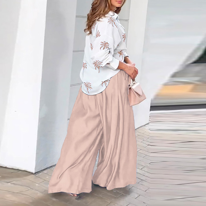 Odjevne kombinacije košulja dugih rukava u OL stilu Ženska bluza s ovratnikom i gornji dio hlača sa širokim nogavicama Kompleti proljeće jesen Odijelo s printom stabla